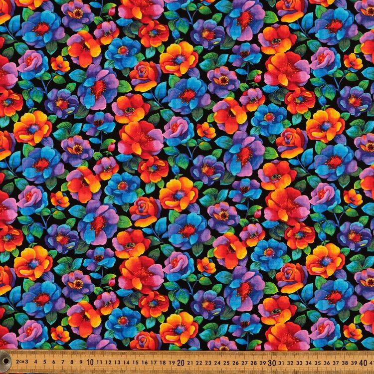 Timeless Treasures Rainbow Bright Floral All Over Printed 112 cm Cotton Fabric Black & Multicoloured 112 cm