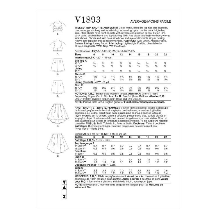 Vogue Sewing Pattern V1893 Misses' Top, Shorts & Skirt
