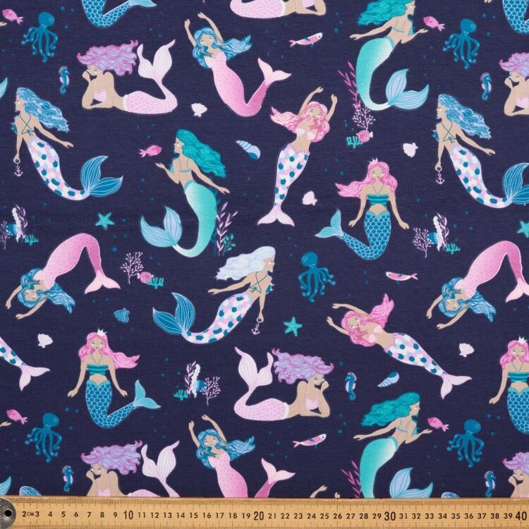 Mermaids Printed 148 cm Organic Cotton Elastane Jersey Fabric Navy 148 cm