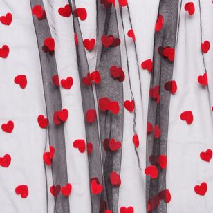 Large Hearts Flocked 150 cm Tulle Fabric Black & Red 150 cm