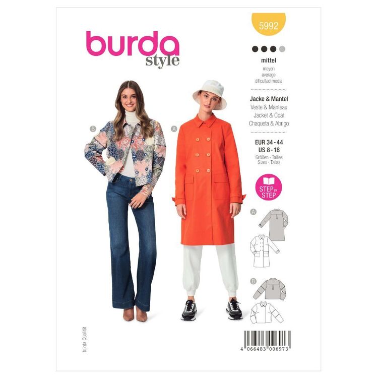 Burda Sewing Pattern B5992 Women's Jacket and Coat White 8-18 (34-44)