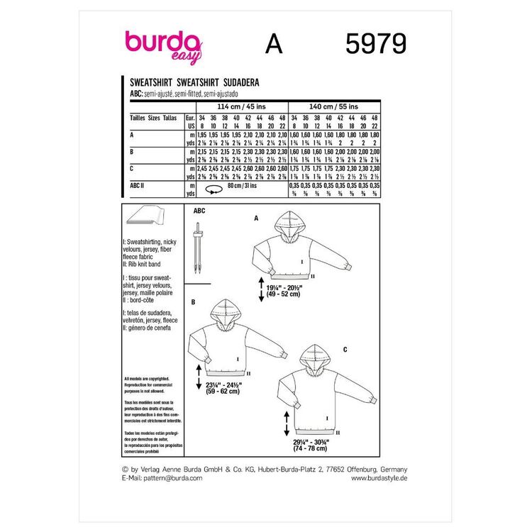 Burda Sewing Pattern B5979 Women's Sweatshirt White 8-22 (34-48)