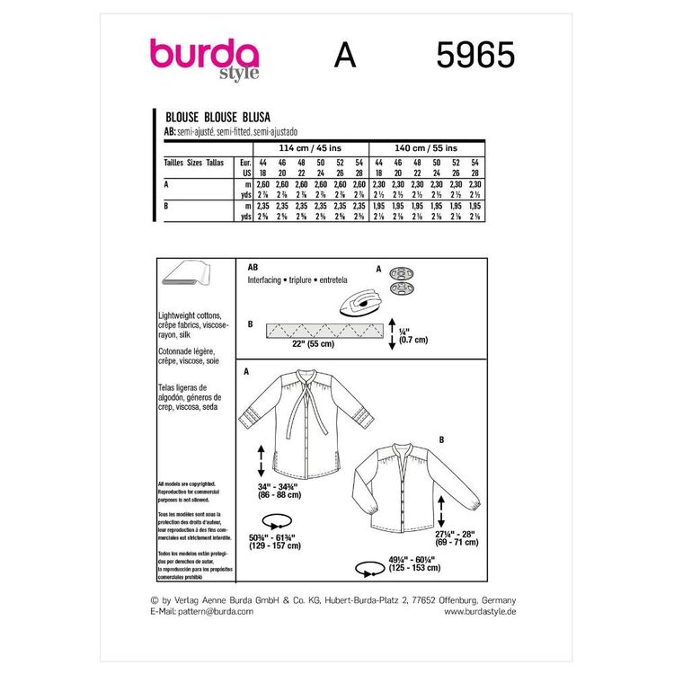 Burda Sewing Pattern B5965 Women's Blouse White 18-28 (44-54)