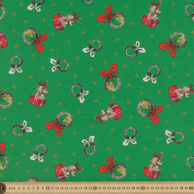Dr Seuss Grinchmas Metallic 112 cm Cotton Fabric Green 112 cm