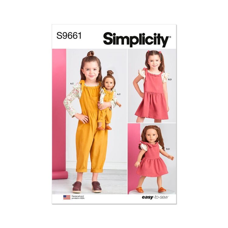 Simplicity Sewing Pattern S9661 Children's Knit Tops, Overalls and Jumper and Clothes for 18" Doll White 3 - 8