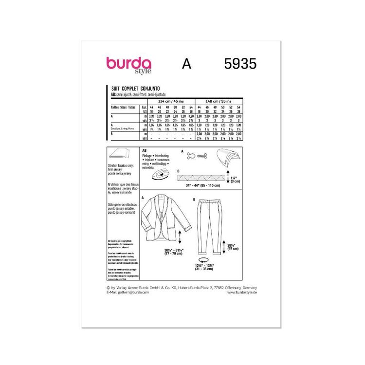 Burda Sewing Pattern B5935 Women's Suit White 18-28 (44-54)