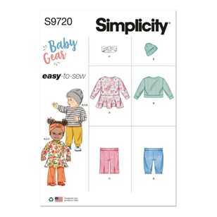 Simplicity Sewing Pattern S9720 Babies' Knit Dress, Top, Pants, Hat and Headband in Sizes S, M, L White Small - X Large