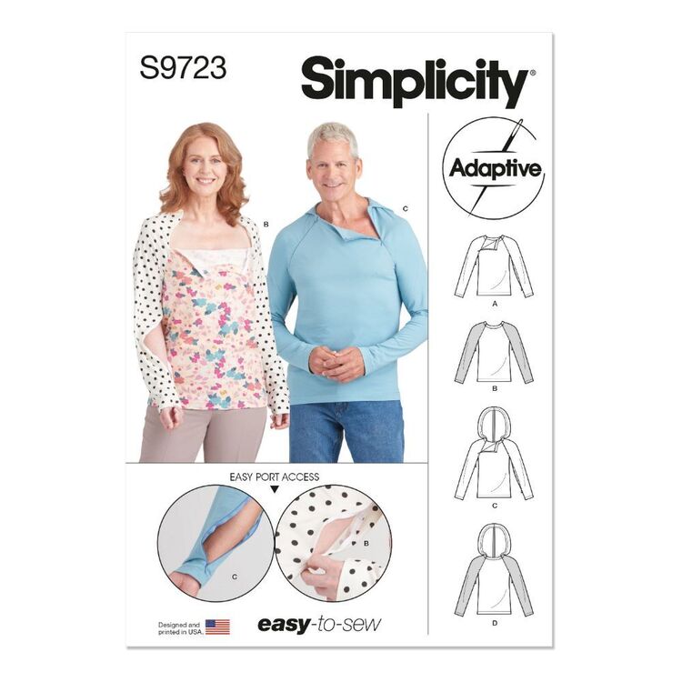 Simplicity Sewing Pattern S9723 Unisex Dual Port Access Chemo Top and Hoodie White X Small - X Large