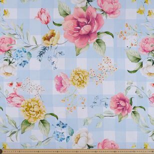 Gingham Floral 150 cm Printed Cotton Canvas Fabric Blue 150 cm