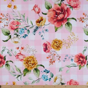 Gingham Floral 150 cm Printed Cotton Canvas Fabric Pink 150 cm