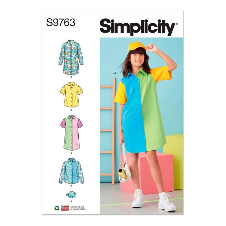Simplicity Pattern S9763 Girls' Shirtdresses. Shirts and Hat White 7 - 14