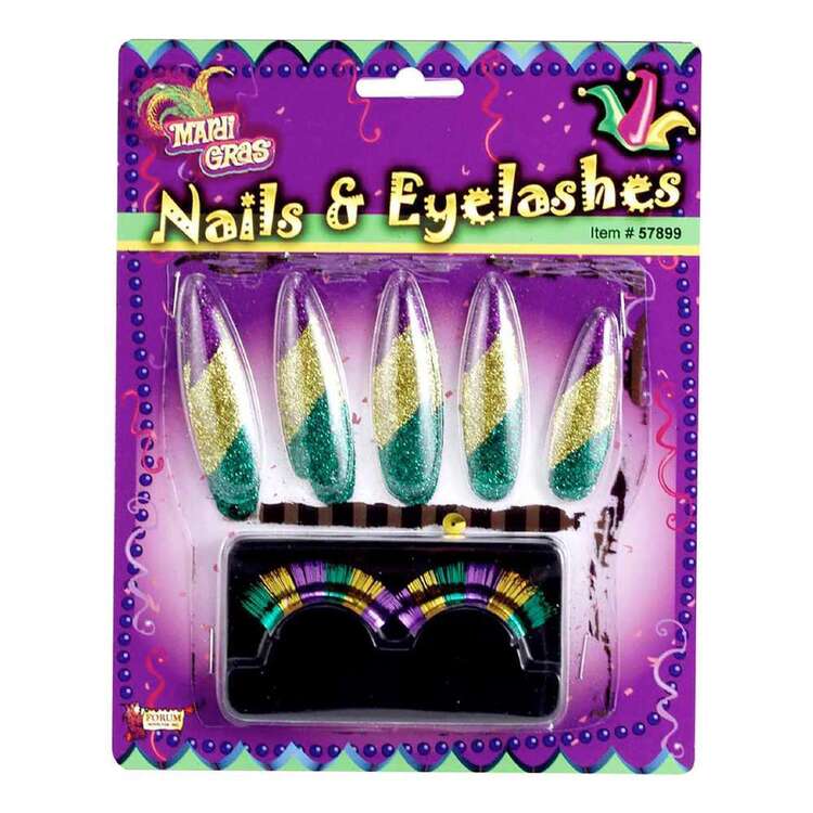 Mardi Gras Adult Nails and Lashes Set Multicoloured
