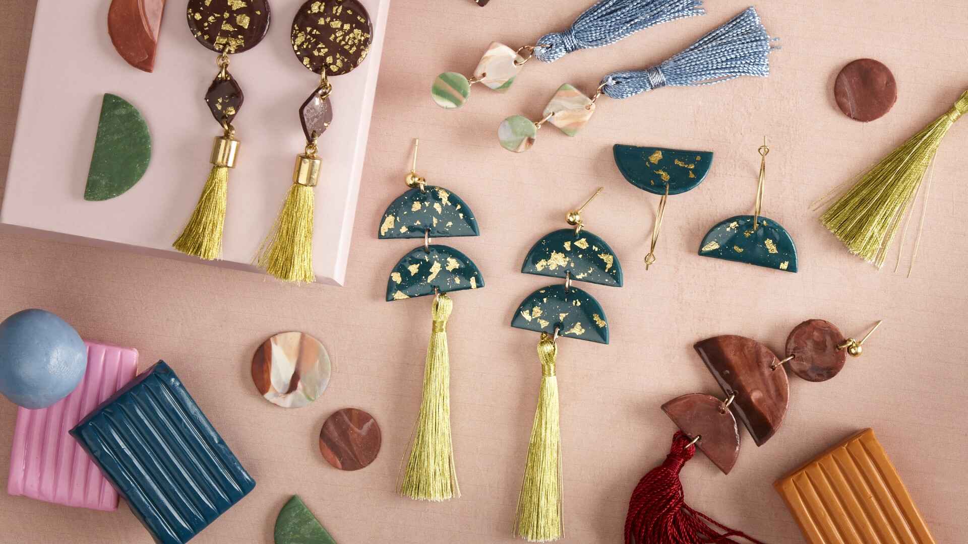Polymer clay beads with gold leaf, combined with tassels & gold earring findings