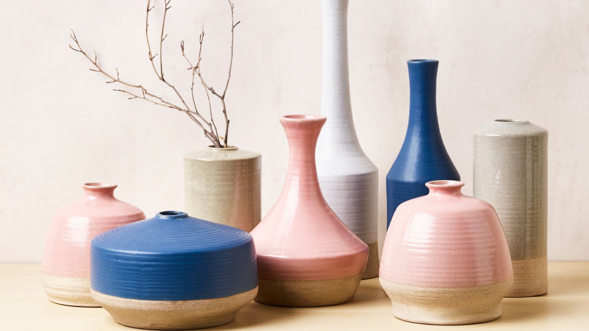 Assorted salmon pink, griege and deep blue vases