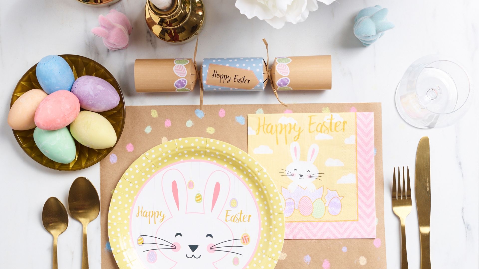 Happy Easter printed paper plates, napkin, paper placemat and decorated bon bon