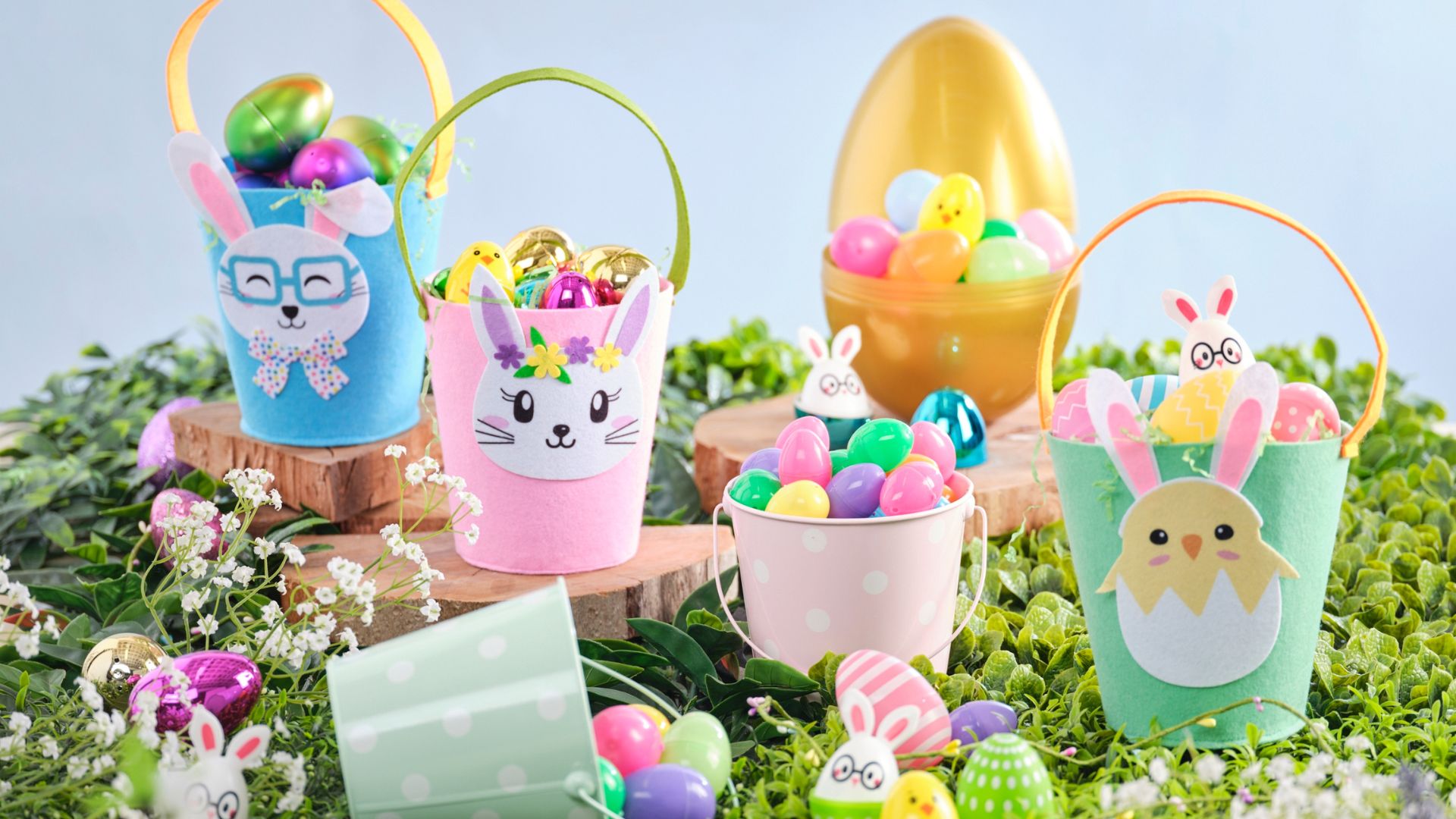 DIY pastel coloured decorated Easter egg hunting buckets