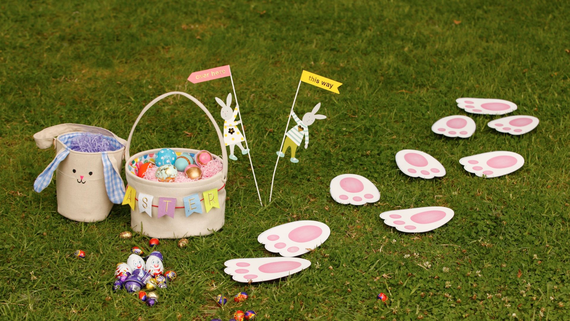 DIY Easter egg baskets, chocolate eggs, decor and bunny footprints