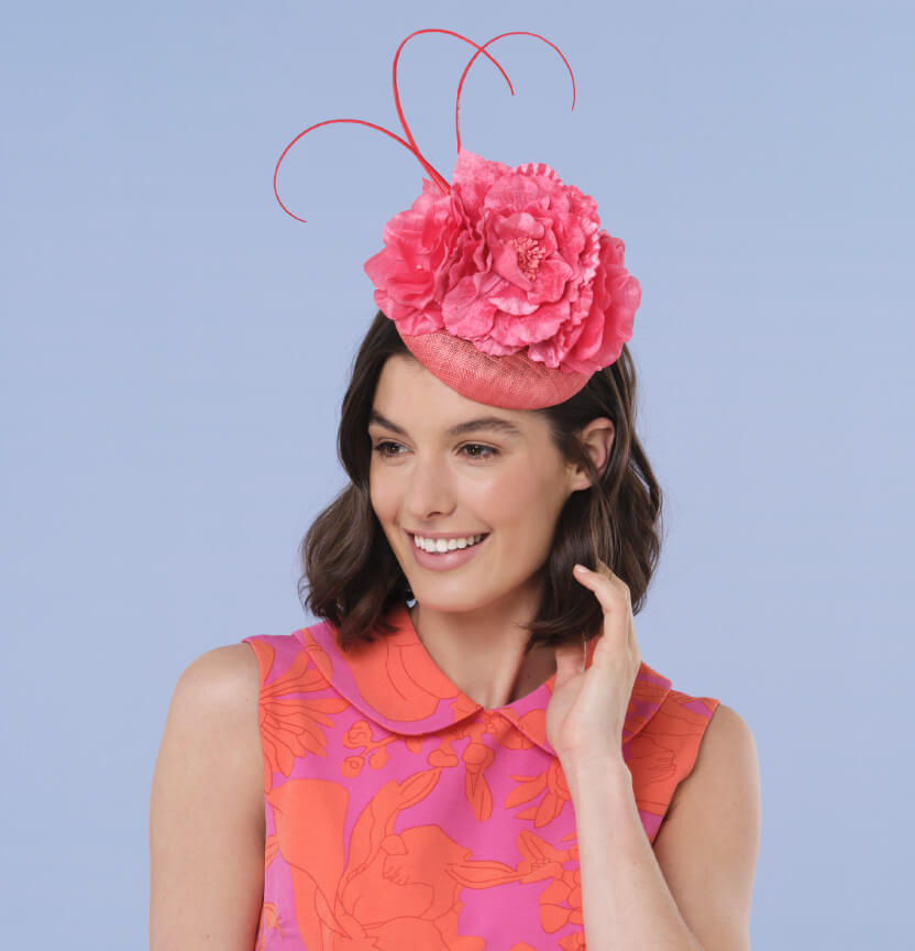 Floral Button Fascinator With Quills In Coral Project