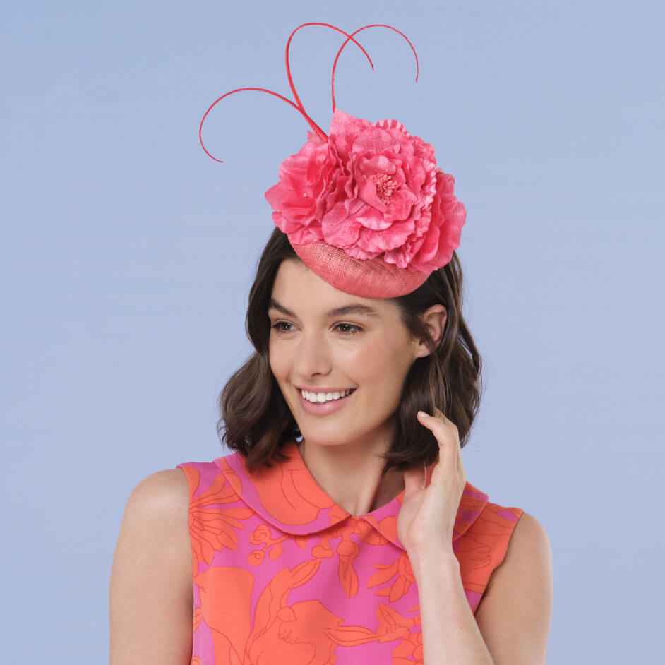 Floral Button Fascinator With Quills In Coral Project