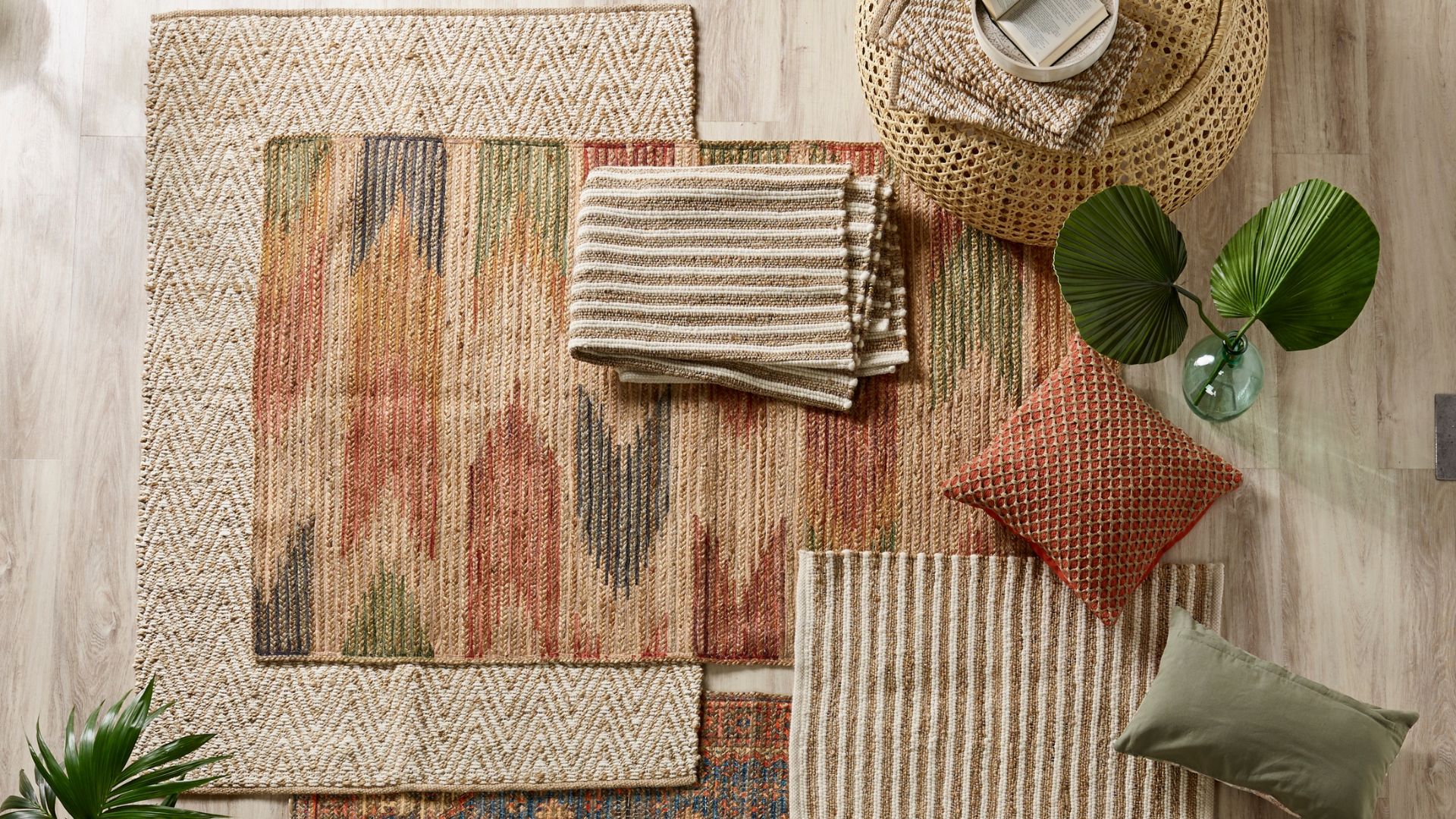 Assorted natural jute rugs in stripe, chevron and coloured patterns