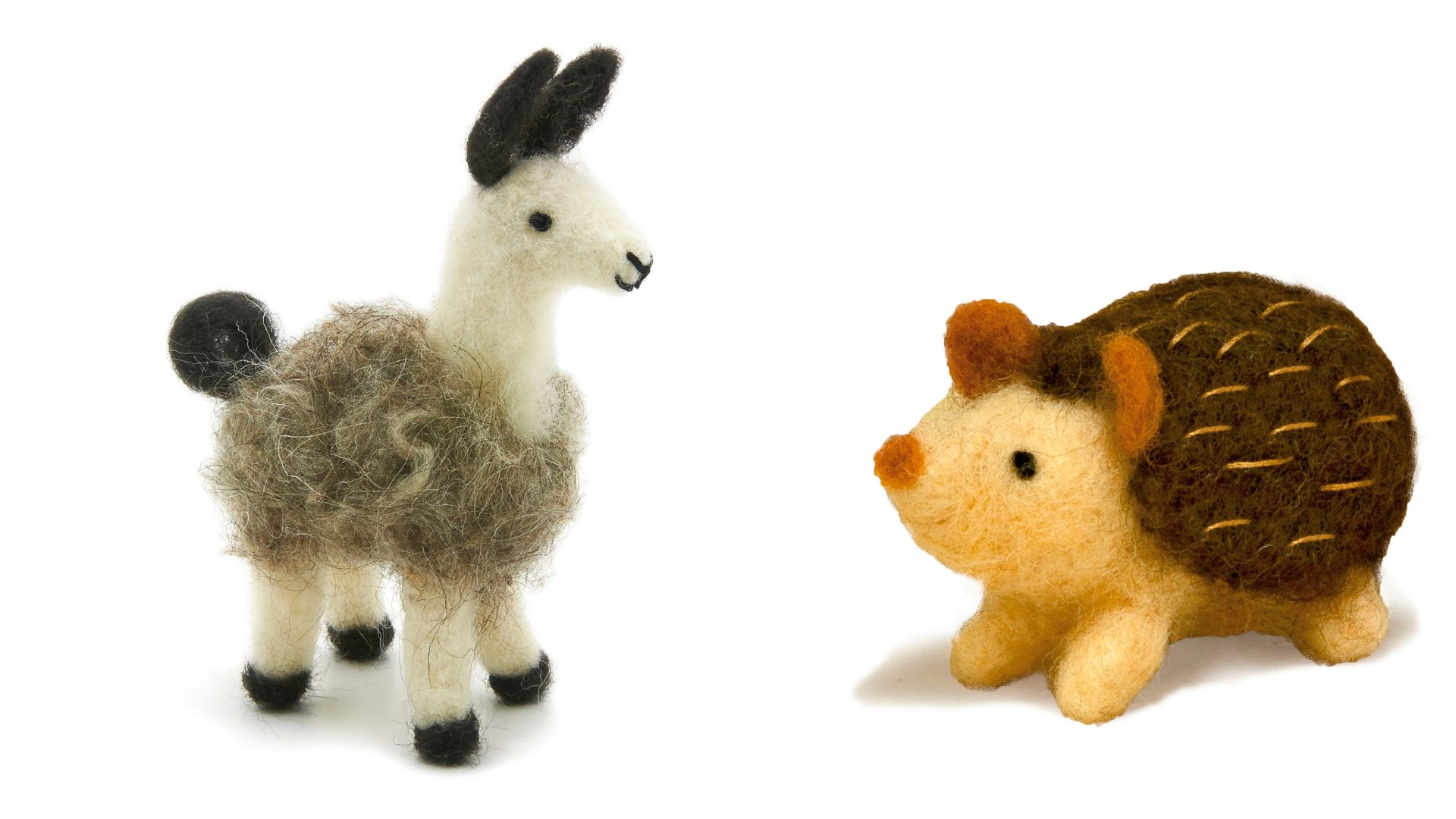Create your own needle felted llama and hedgehog animal toys