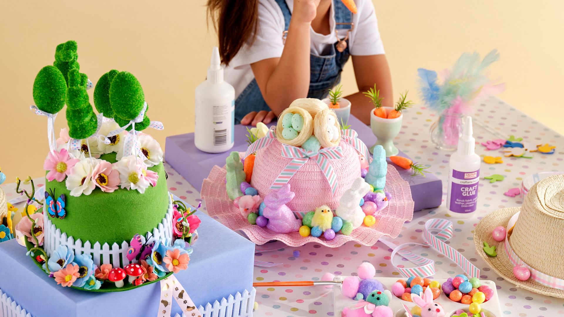 DIY Decorated Easter-themed Garden Hedge Hat & Pink Straw Hat decorated with Easter Eggs, chicks and bunnies
