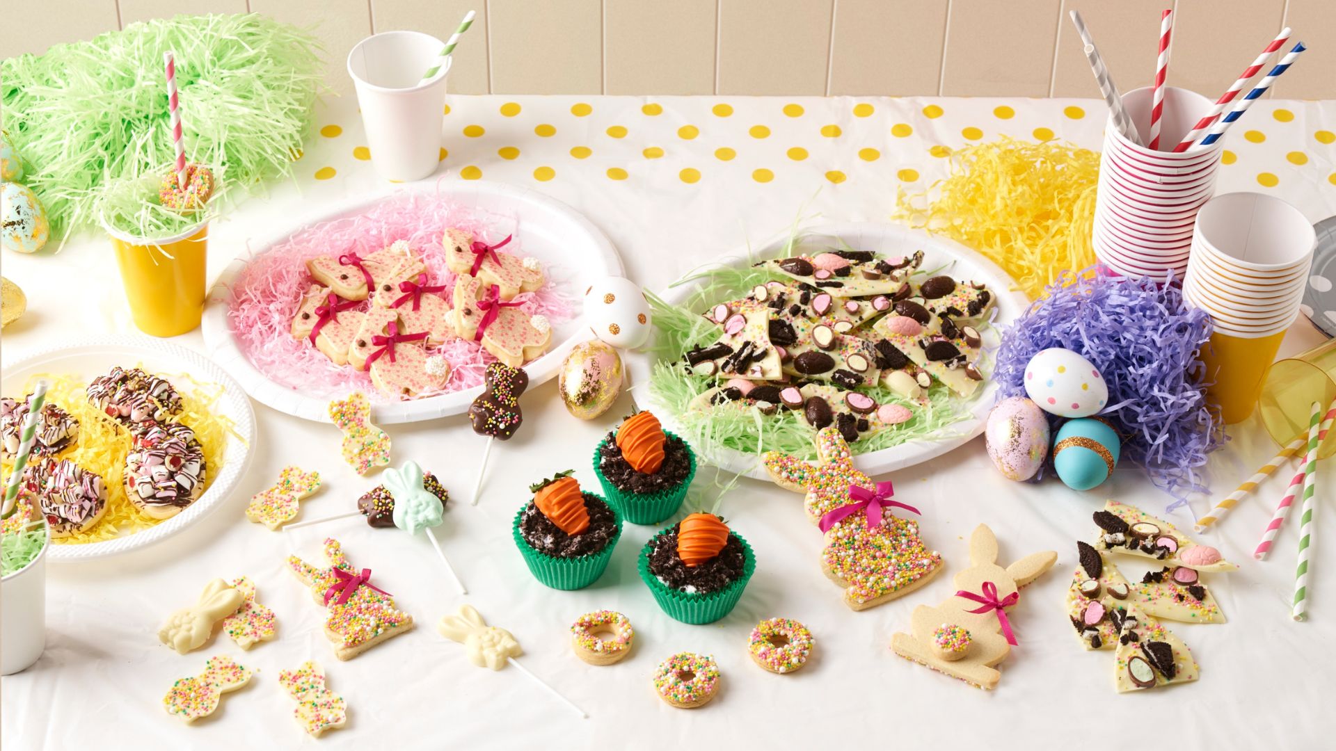 Chocolate cupcakes with carrot decoration, sprinkle bunny cookies & Easter-egg white chocolate bark