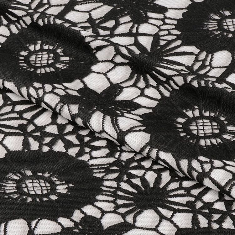 Floral Patterned 120 cm Vintage Corded Lace Fabric Black