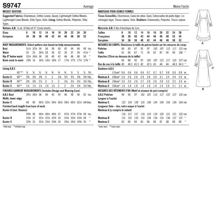 Simplicity S9747 Misses' Dusters in 3 Lengths Pattern 18 - 26 (Paper)