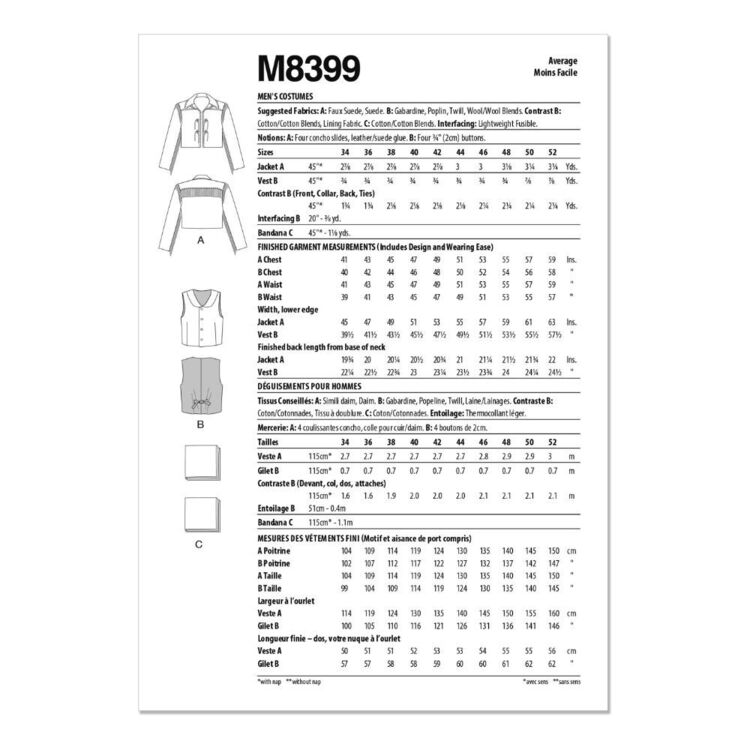Mccalls M8399 Men's Costumes Pattern White