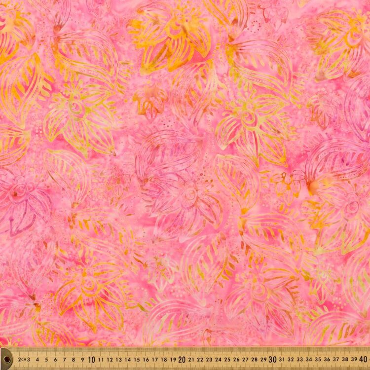 Large Leaves 112 cm Indian Batik Fabric Pink 112 cm