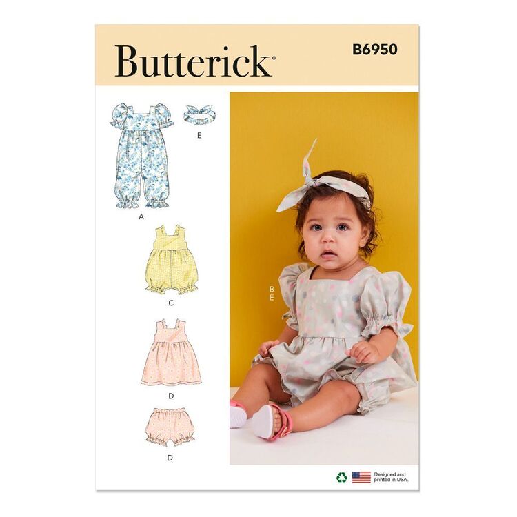 Butterick B6950 Babies' Rompers, Dress, Bloomers and Headband Pattern White XS - L