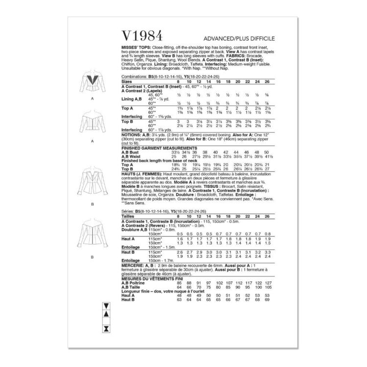 Structured Top Pattern Vogue V1984 Misses' Structured Top Pattern 18 - 26 (Paper)