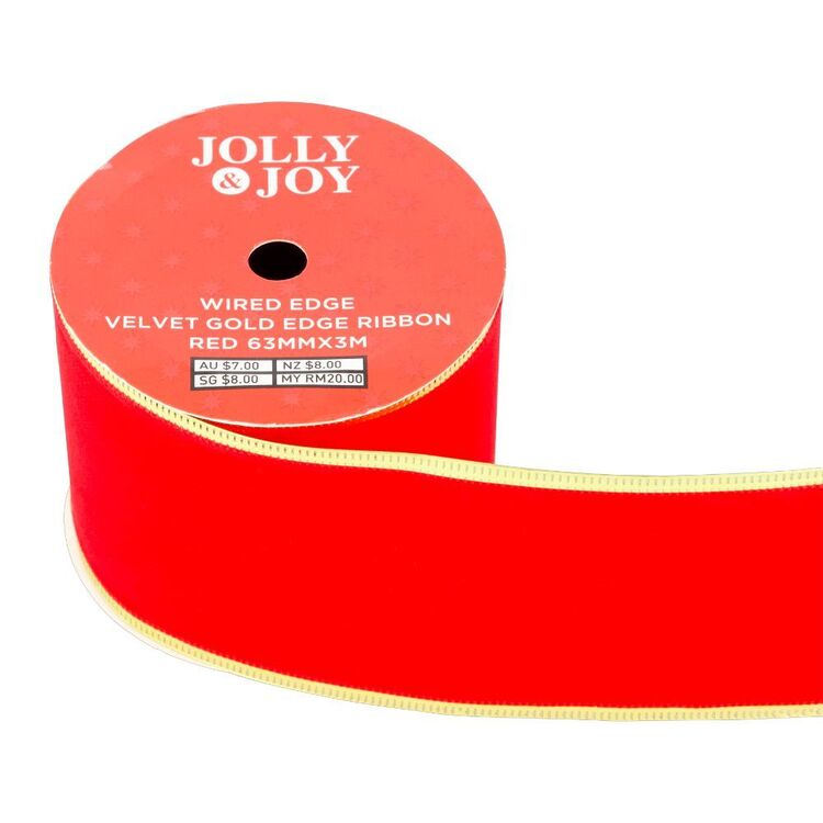 Joy Ribbon Jolly & Joy Velvet Gold Edge 63 mm Wired Edge Ribbon Red