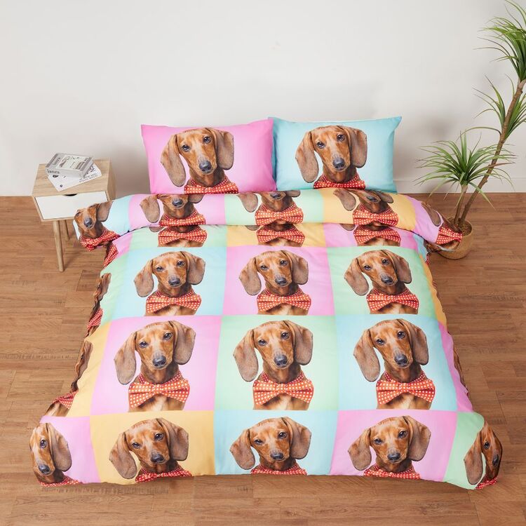 Brampton House Photo Real Bow Tie Dachshund Quilt Cover Set Multicoloured Queen