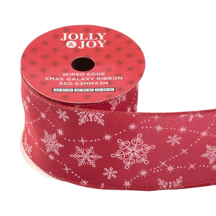 Joy Ribbon Jolly & Joy Wired Edge Christmas Galaxy Ribbon Red 63 mm x 3 m