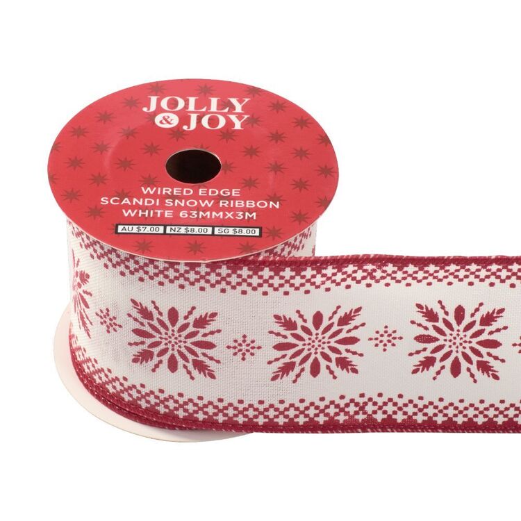 Jolly & Joy Wired Edge Scandi Snow Ribbon White 63 mm x 3 m