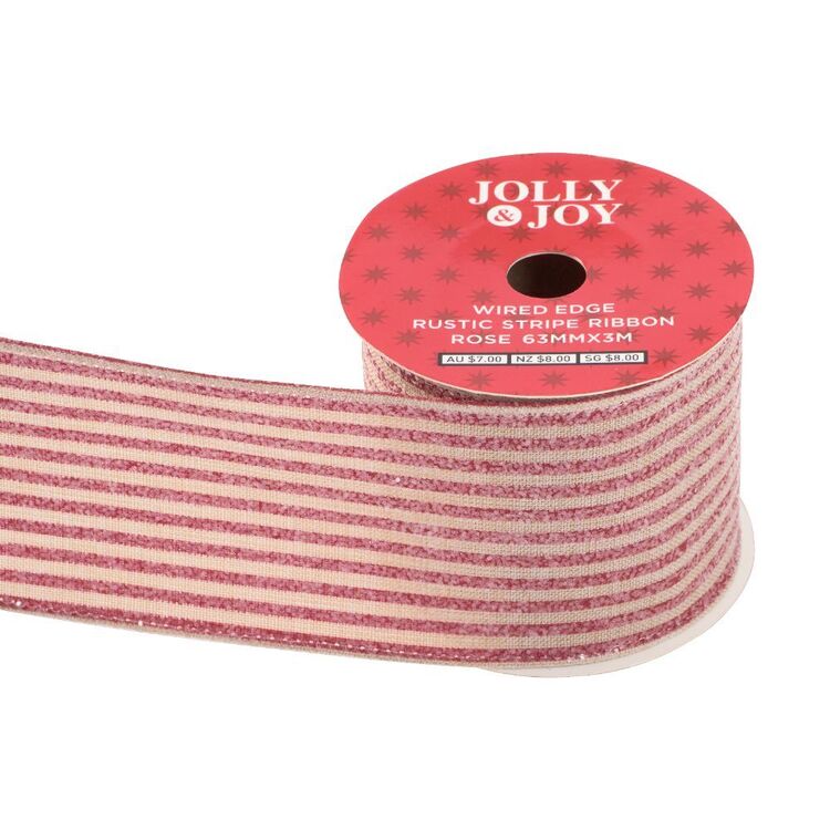 Joy Ribbon Jolly & Joy Wired Edge Rustic Stripe Ribbon Rose