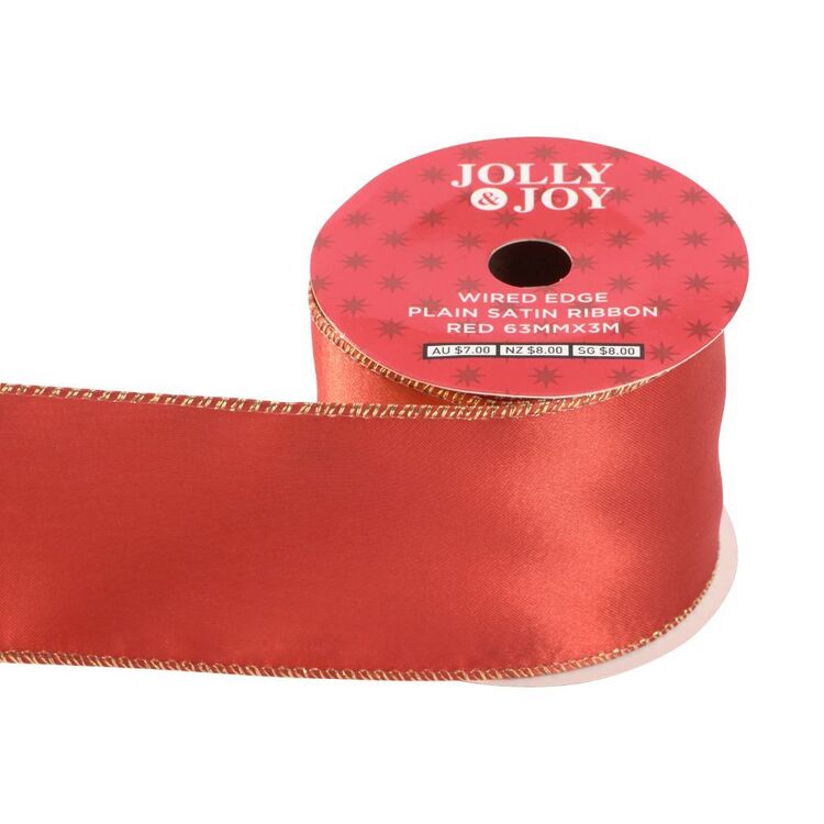 Joy Ribbon Jolly & Joy Wired Edge Plain Satin Ribbon Red