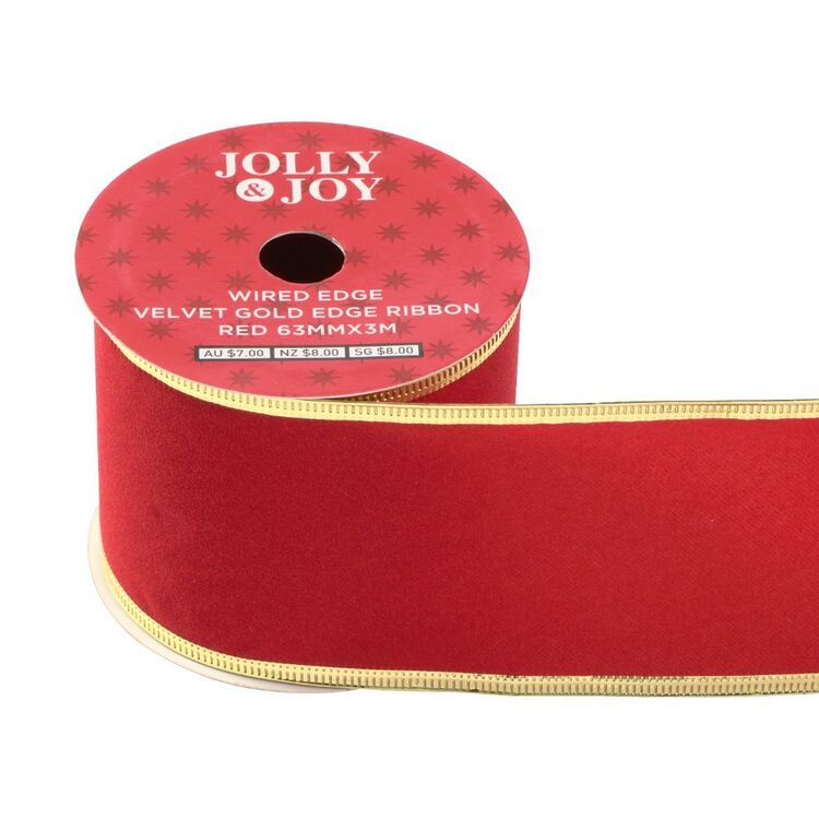 Joy Ribbon Jolly & Joy Wired Edge Velvet Gold Edge Ribbon Red