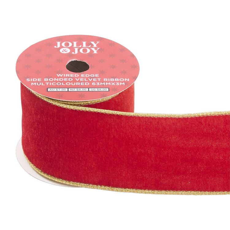 Joy Ribbon Jolly & Joy Velvet Wired Edge Ribbon With Side Bonding Multicoloured 63 ...