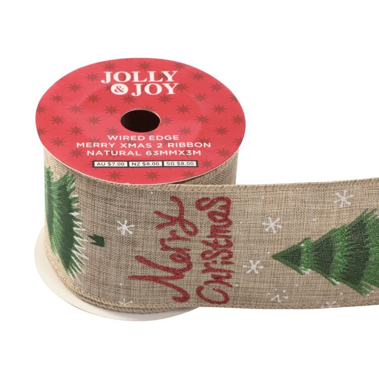 Joy Ribbon Jolly & Joy Merry Christmas Wired Edge Ribbon Natural 63 mm x 3 m