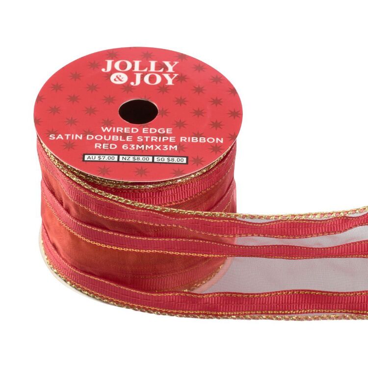 Joy Ribbon Jolly & Joy Satin Double Stripe Wired Edge Ribbon Red 63 mm x 3 m