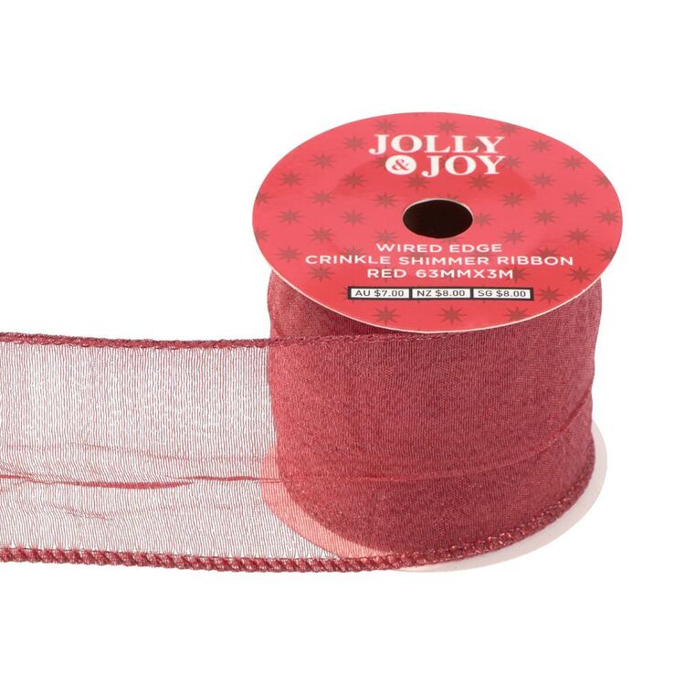 Joy Ribbon Jolly & Joy Crinkle Shimmer Wired Edge Ribbon Red 63 mm x 3 m