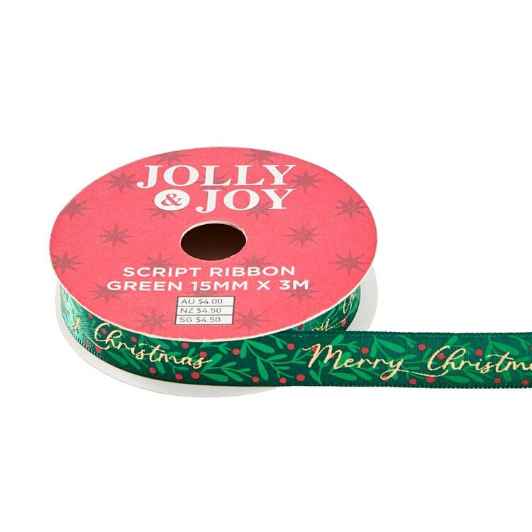 Present Ribbon Script Jolly & Joy Traditional Script Ribbon Green 15 mm x 3 m