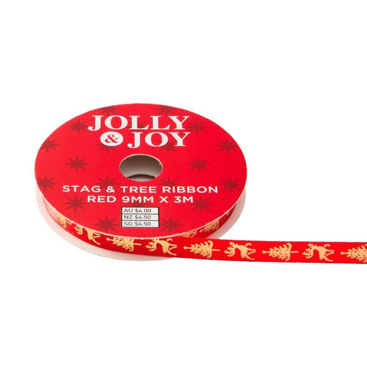 Joy Ribbon Jolly & Joy Traditional Stag & Tree Ribbon Red
