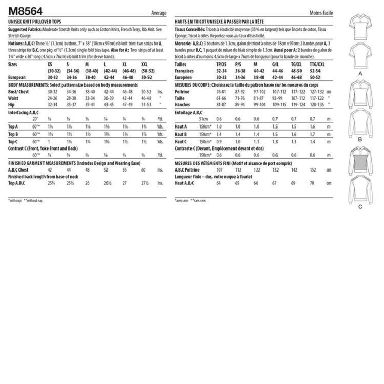 M8564 McCall's M8564 Unisex Knit Pullover Tops Pattern | Spotlight Australia