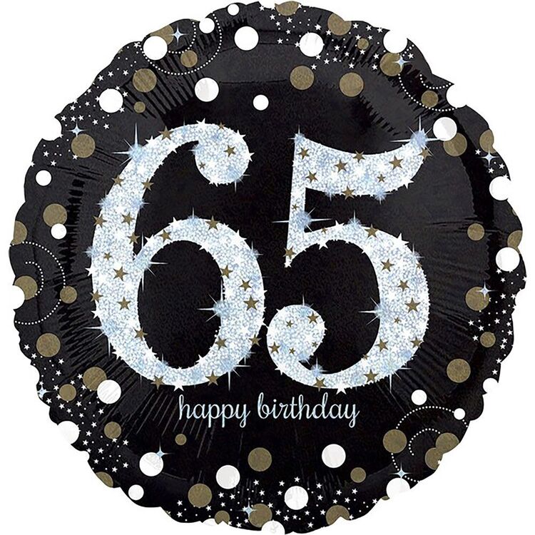 65th Birthday Card With Gifts, Balloons Artistic Image With Silver
