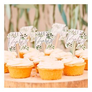 Ginger Ray Botanical Baby Hey Baby Cupcake Toppers 12 Pack White & Green