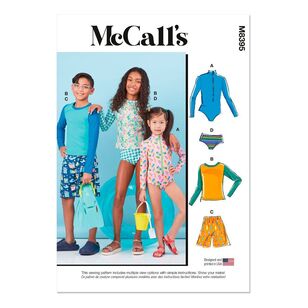 Mccalls M8395 Children's, Girls' and Boys' Rash Guard Bodysuit, Top, Shorts and Bikini PRINT White 7 - 14 Years